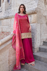 Premium Chinon Silk Designer Rani Pink Shaded Dress With Detailed Embroidery and Work